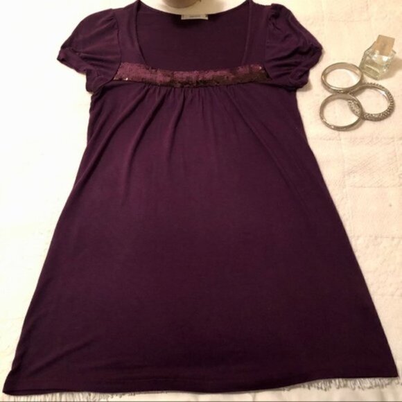 Soprano Top Purple Sequins Band Puff Sleeve Square Neck Tunic size Medium - Picture 13 of 15